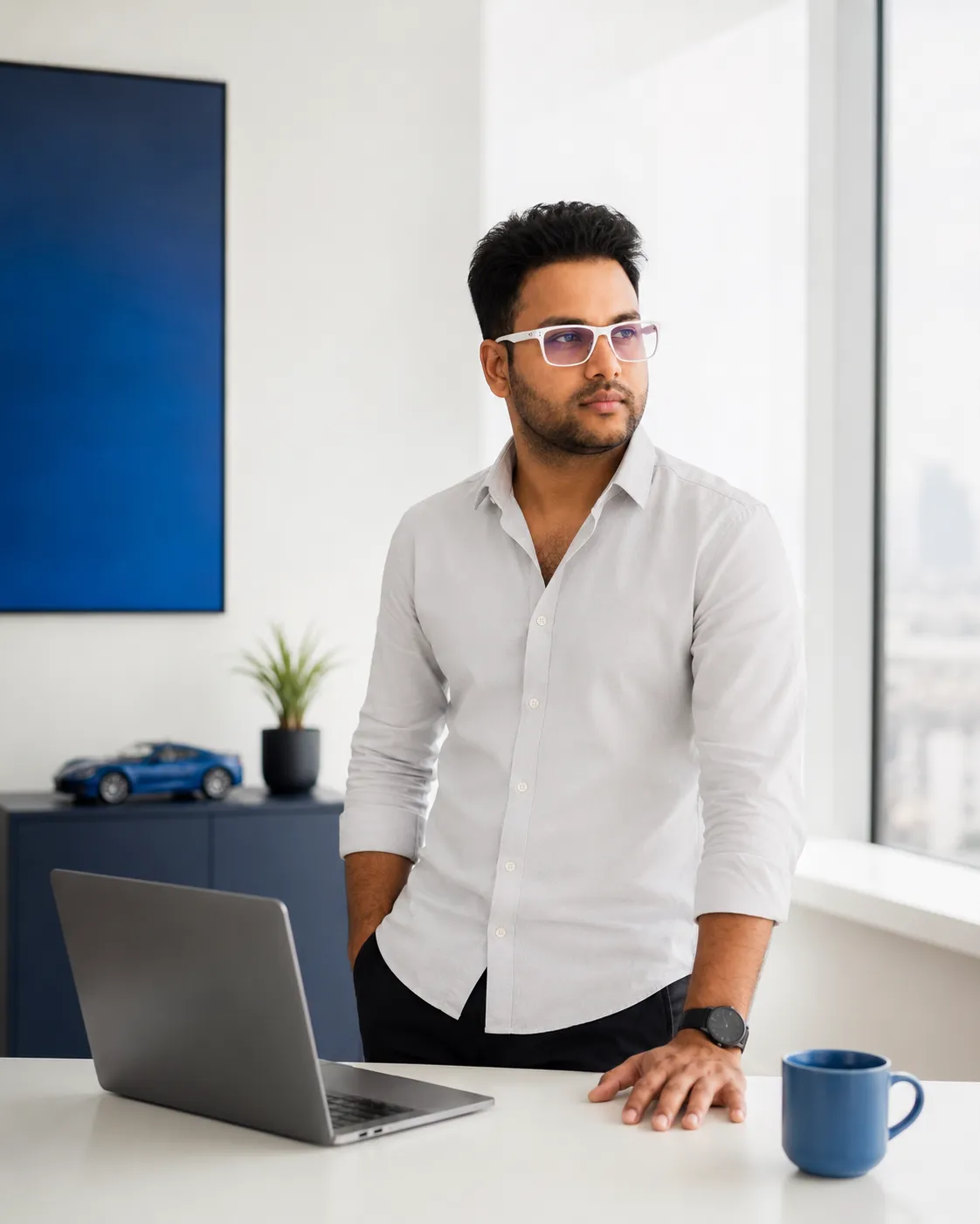 Avik Kanrar standing at his desk in a bright office overlooking the city