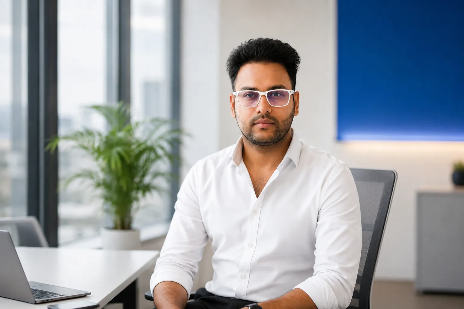 Avik Kanrar, founder of cRyPtO sMaRt, in a bright modern office